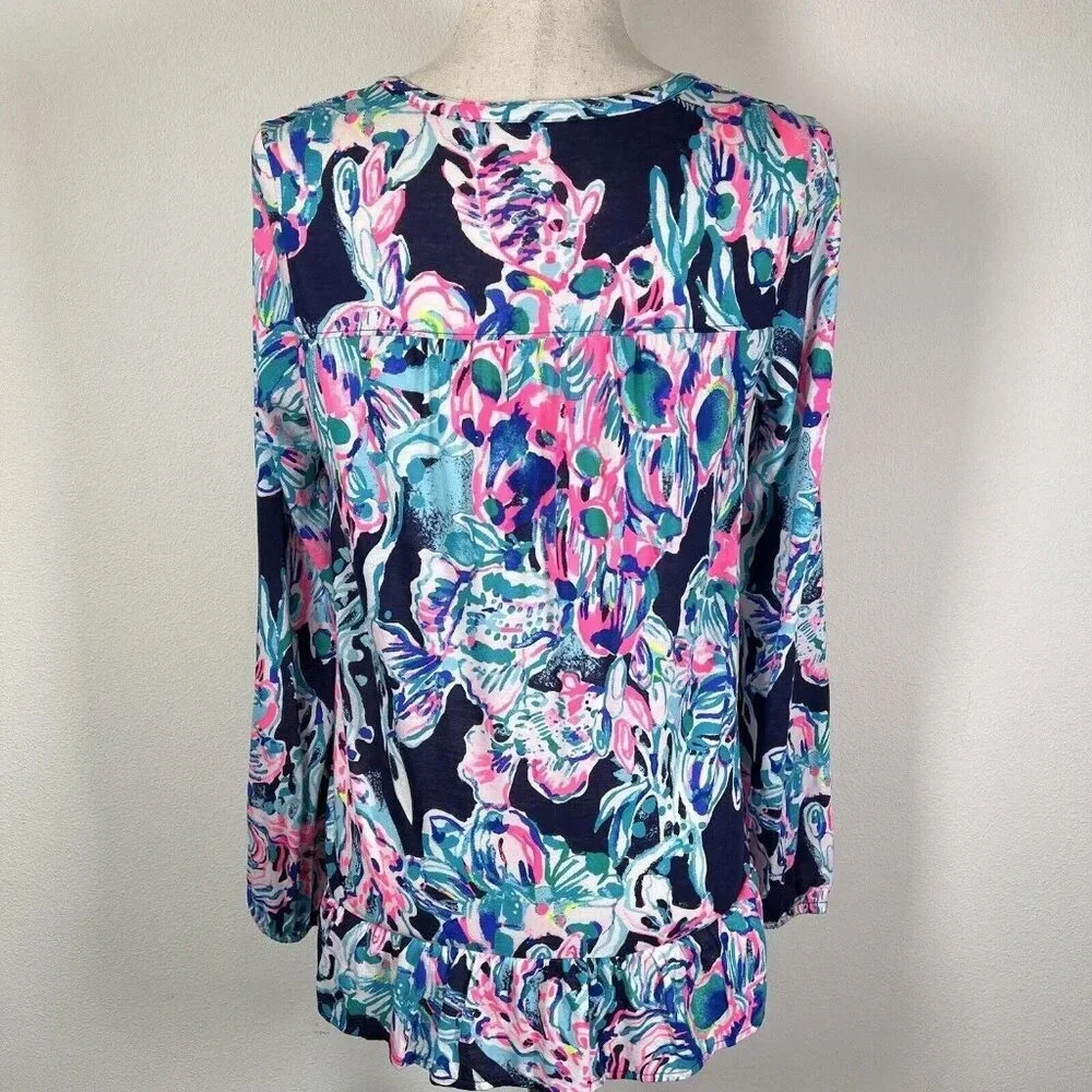 Lilly Pulitzer Top Blouse Size XS Blue Pink Long Sleeve Beach Tropical Fish - Picture 3 of 14